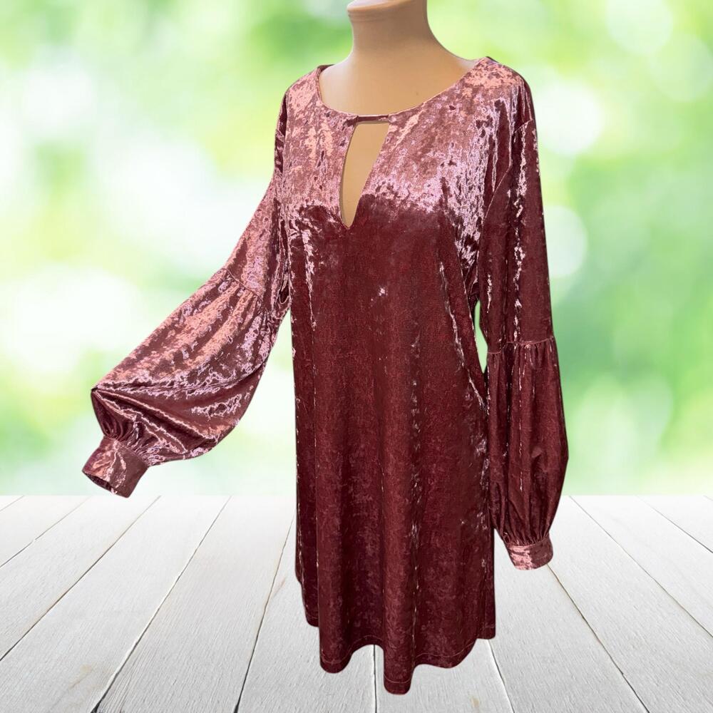 New MUCHE MUCHETTE Crushed Velvet Shift Dress Balloon Sleeve Pink Pockets M/L